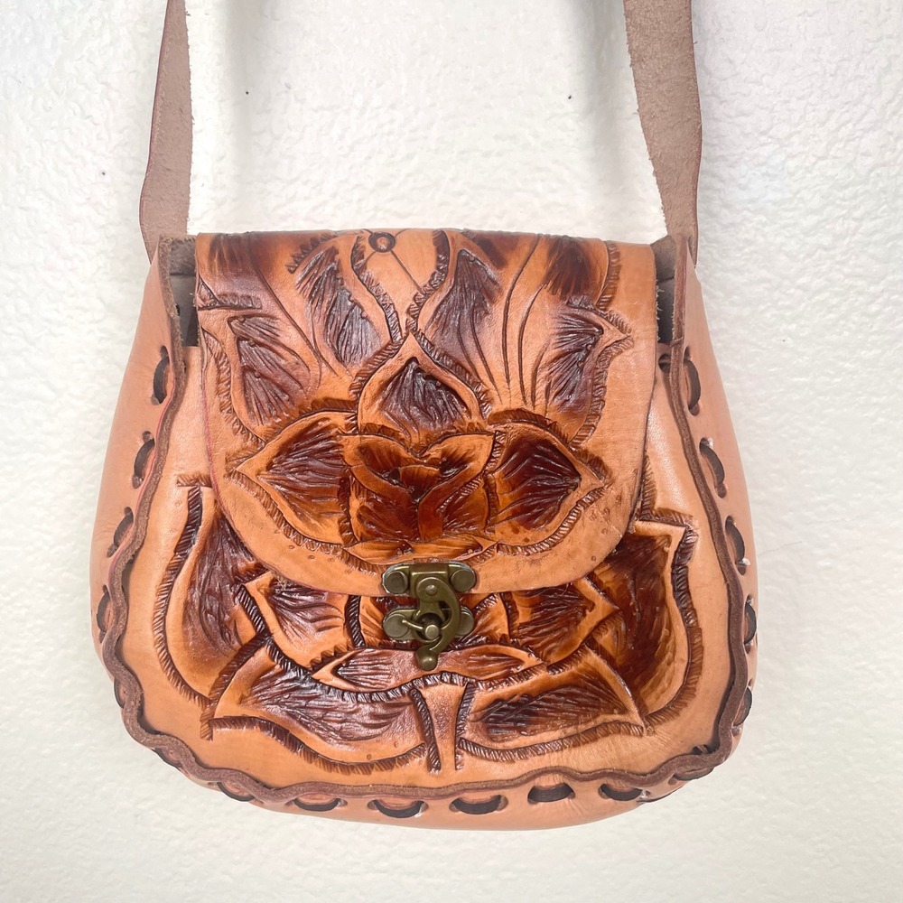 Vtg Hand Tooled Leather Crossbody Bag Brown Boho Bag Western Grunge Mexico